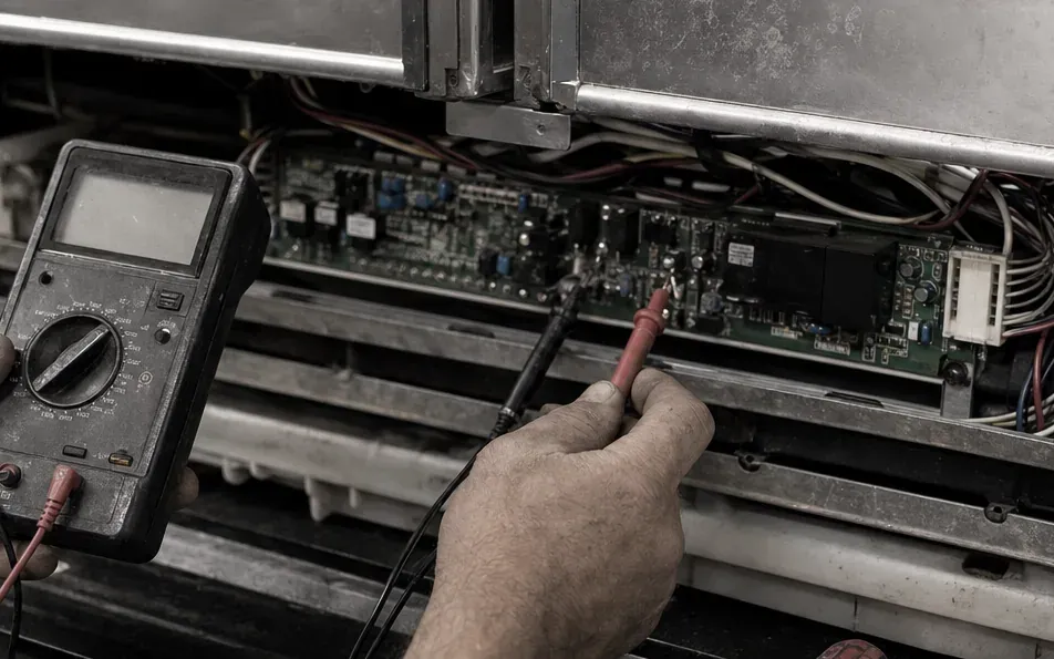 Technician probing a long control board with a multimeter at the base of a stainless refrigerator.
