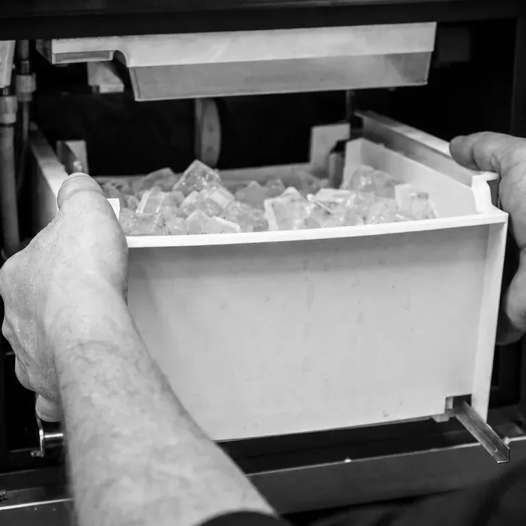 Black-and-white view of hands lifting a white ice bin full of cubes out of a freezer.