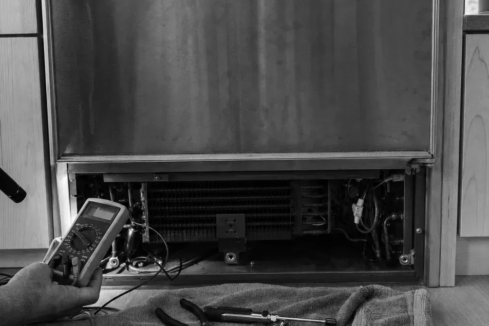 Black-and-white view of a technician holding a multimeter at the open base of a stainless refrigerator, pliers on a towel.