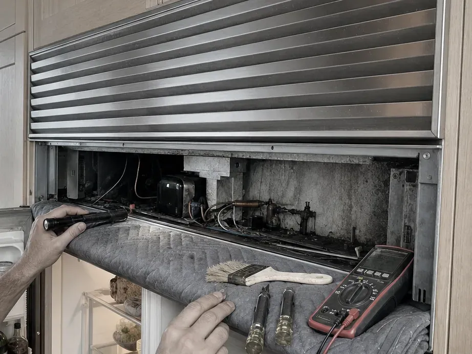 Louvered stainless top grille of a built-in refrigerator raised to expose the upper machine compartment, with a flashlight, brush, screwdrivers and multimeter on a pad.